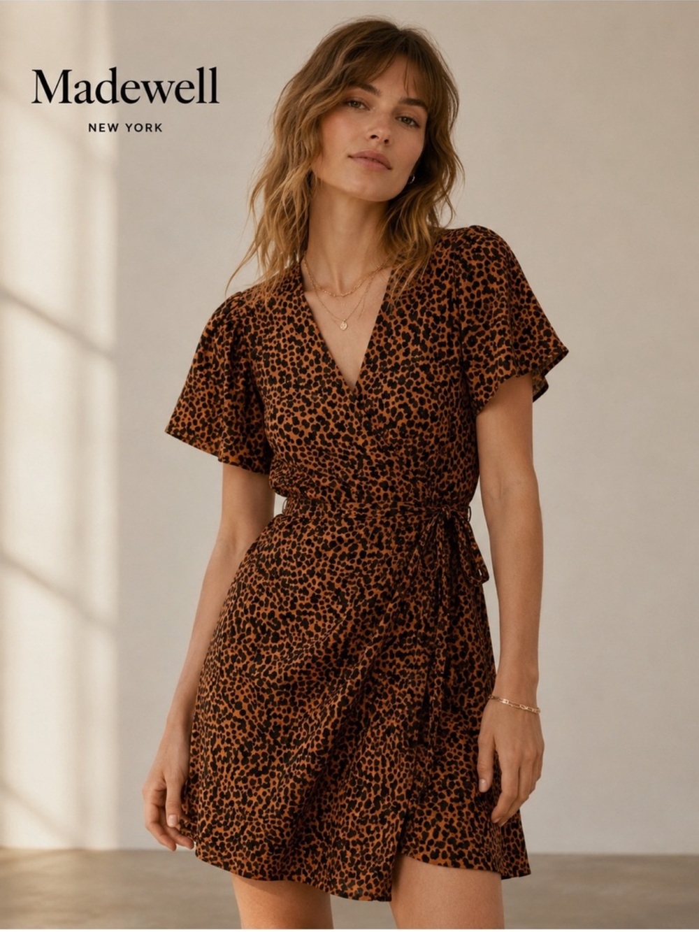 Madewell Painted Leopard Flutter Sleeve Wrap Mini Dress
